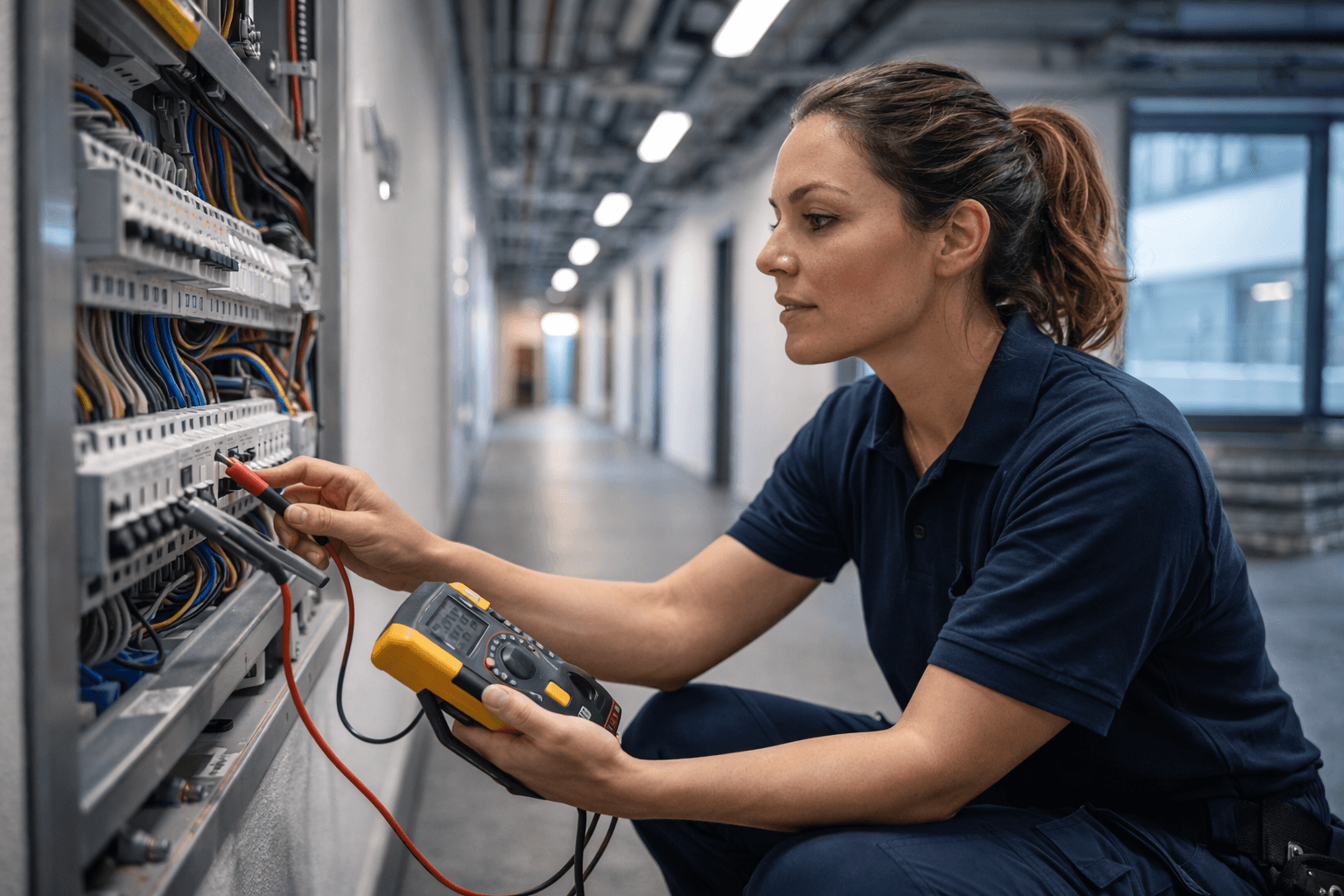 Technicienne terrain réalisant une intervention — gestion des compétences et habilitations avec MapFlow