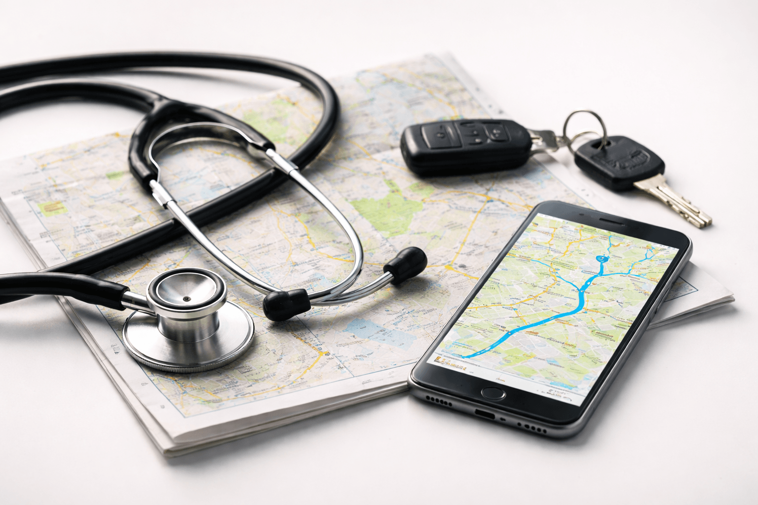 Carte de planification et stéthoscope — optimisation des tournées de soins à domicile HAD SSIAD